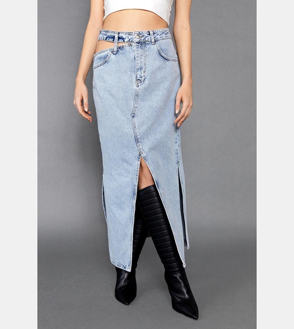 Nasty Gal Denim Maxi Skirt High Waist Side Slit Cut Out Pocket Size 10 - Picture 1 of 13